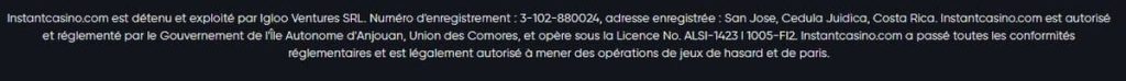 Instant Casino licence jeu