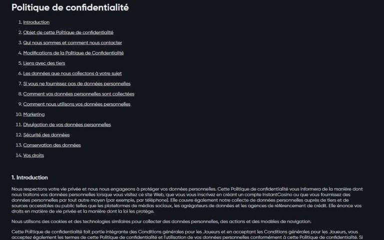 Instant Casino politique confidentialité